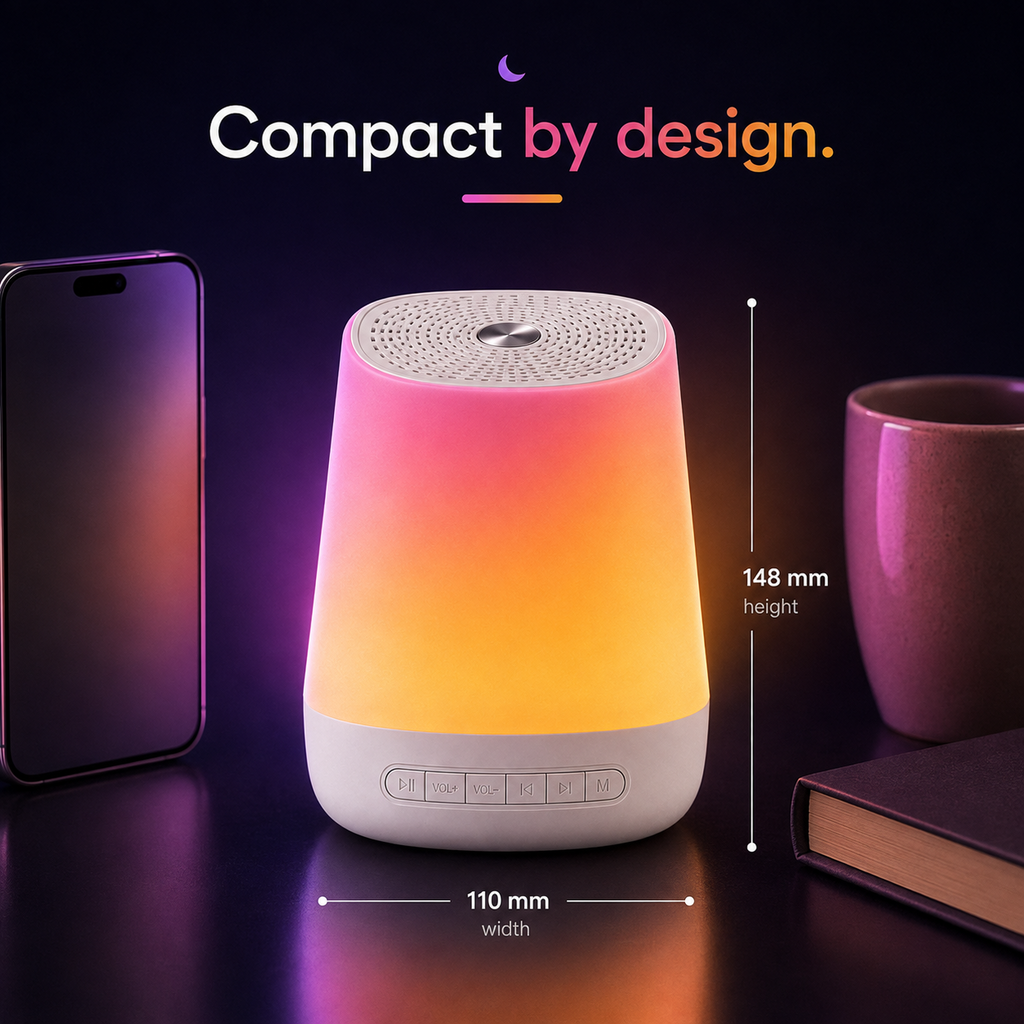 SnoozTo Glow compact dimensions showing approximately 110 mm width and 148 mm height