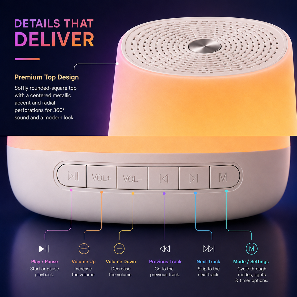 Close-up of SnoozTo Glow top speaker design and six-button front control panel