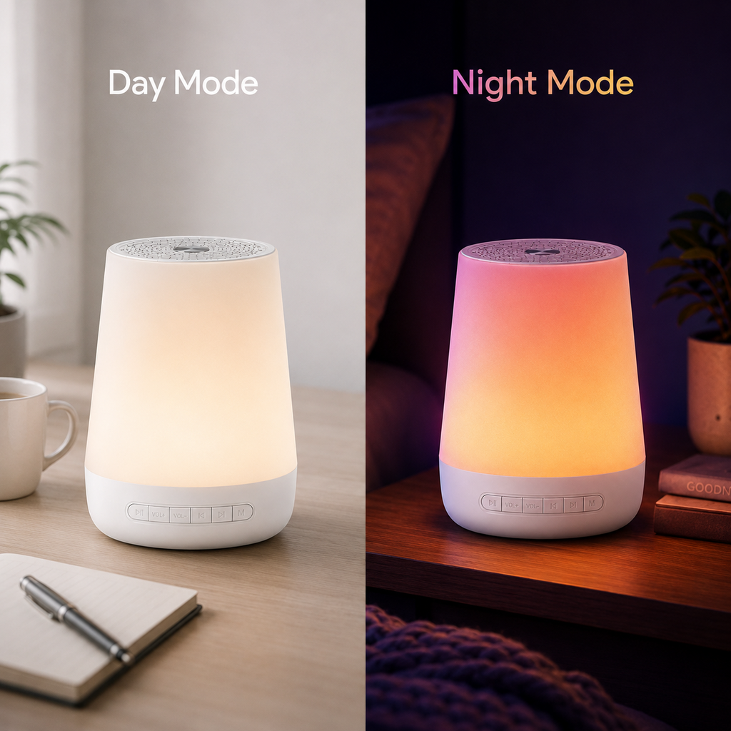 SnoozTo Glow shown in bright daytime and dark nighttime settings