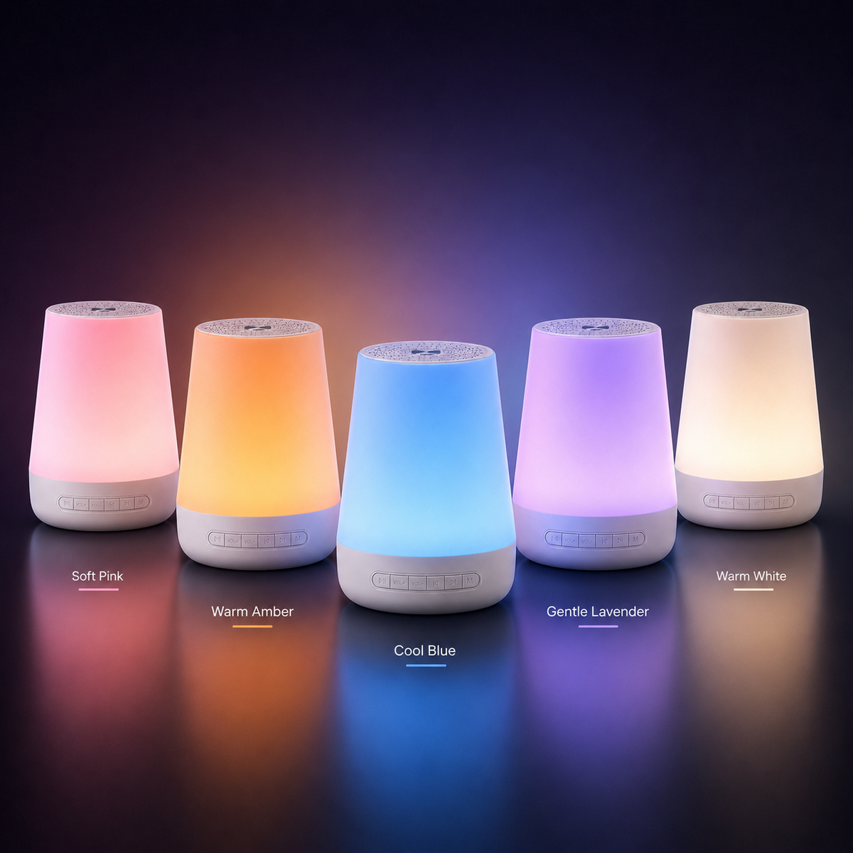 SnoozTo Glow ambient light moods in soft pink, warm amber, cool blue, lavender and warm white