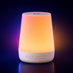 SnoozTo Glow white noise machine with warm ambient glow on a dark premium background