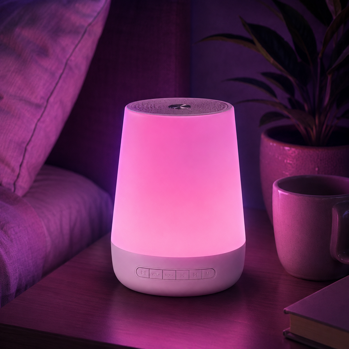 SnoozTo Glow glowing pink on a bedside table in a premium nighttime room