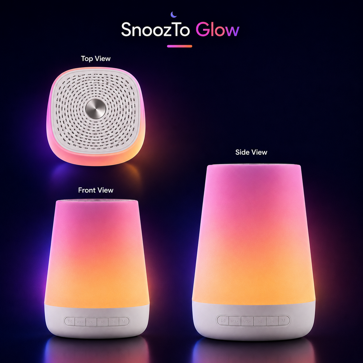 SnoozTo Glow top, front and side product views